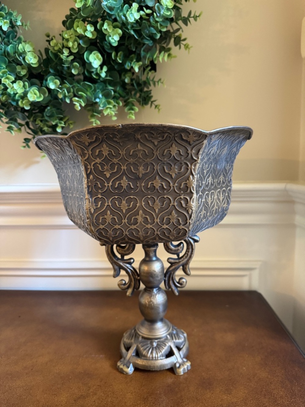 Antique Brass Embossed Decorative Pedestal Bowl